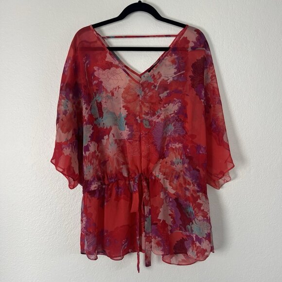 a.n.a Women Plus Size 2X Red Floral Flutter Chiffon Waist Tie V- Neck Blouse Top - Picture 1 of 11